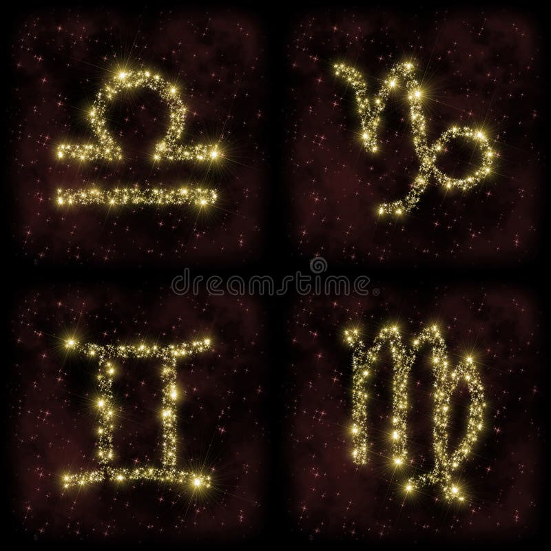 黄道带天秤座山羊座双子星座处女座星库存例证 插画包括有靠山 背包 宇宙 波斯菊 国界的 金黄
