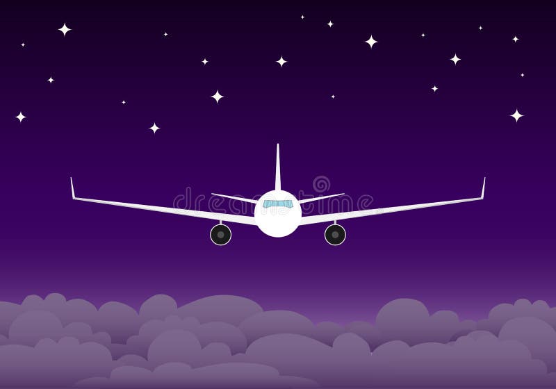 飞机在夜空中飞行飞机在夜云星云的背景下飞行矢量图 卡通插图库存例证 插画包括有平面 如同
