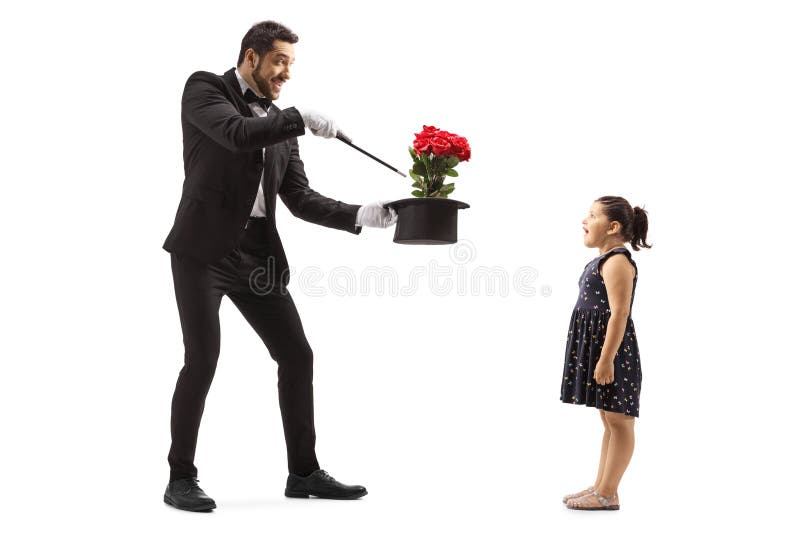 魔术师从帽子上绽放花朵 一个惊奇的小女孩看着库存照片 图片包括有招待 陈列 神父 帽子 幻觉