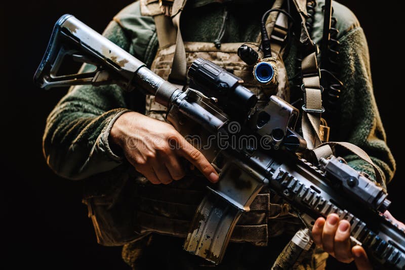 有步枪的特种部队士兵在黑色的背景库存图片 图片包括有任务 步兵 火器 投反对票 扶手 出现