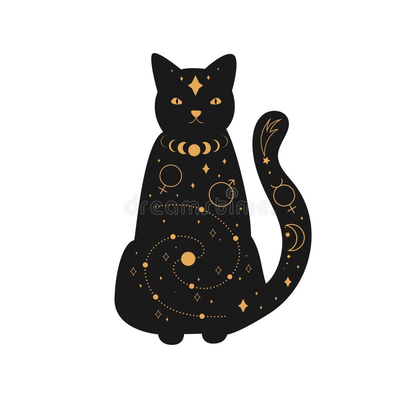 黑魔猫神秘月月深符号星座元素 浓黑的宠物向量例证 插画包括有宠物 哥特式 月亮 波西米亚