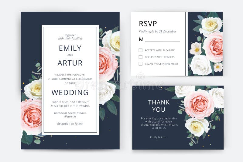 Elegant vector floral wedding invite, rsvp, thank you card set. Pink, ivory white, lemon rose flowers, camellia, emerald green euc