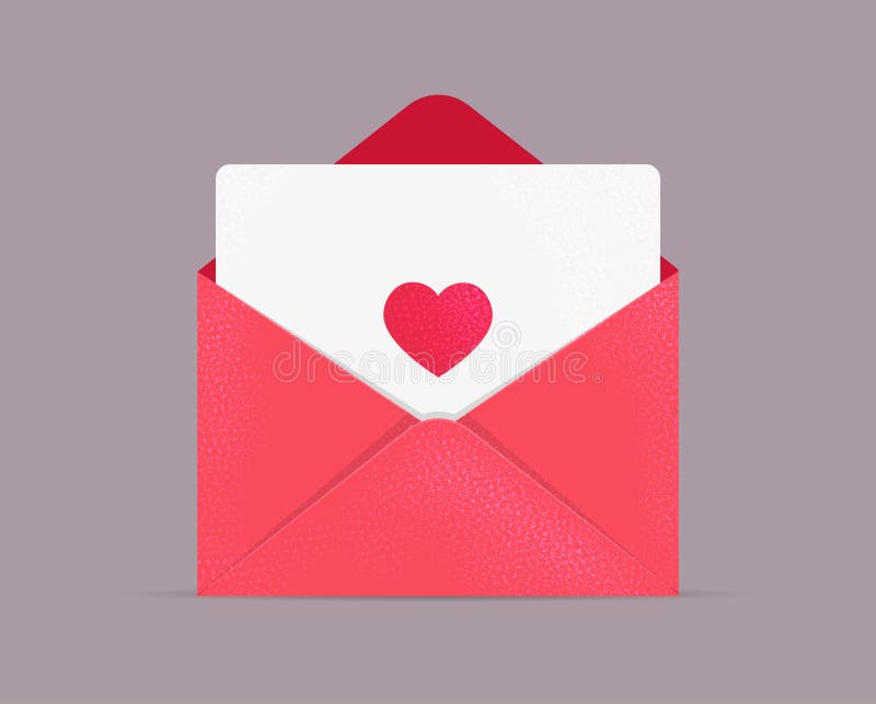 Vector greeting card for Valentine`s day. Opened envelope with white card and heart. Mail love. Be my valentine