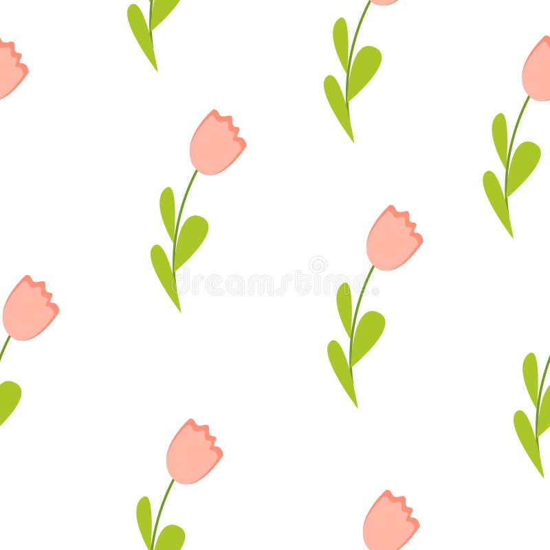 Seamless pattern with pink flowers. Floral ornament. Pink tulips and green leaves. Simple flat cartoon style. Easter holiday decor