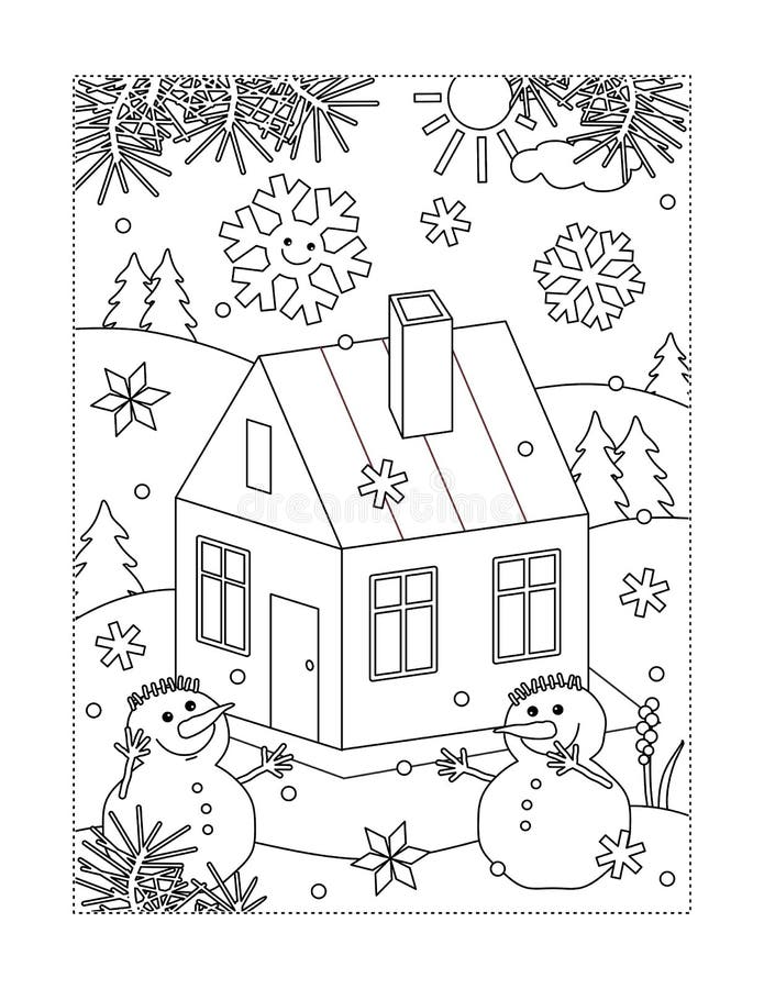 Small house in winter scene coloring page