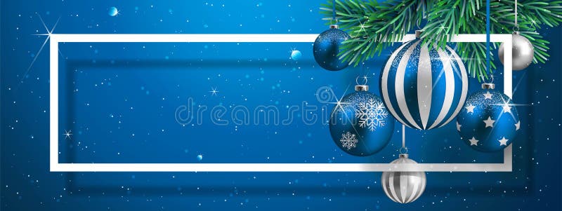 Silver and blue christmas balls with shadow and frame on blue background