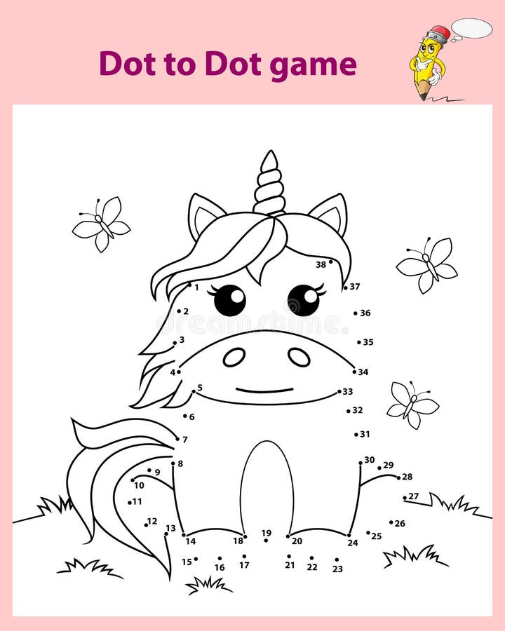 Cute cartoon sitting unicorn. Dot to dot game. Black and white vector illustration for coloring book