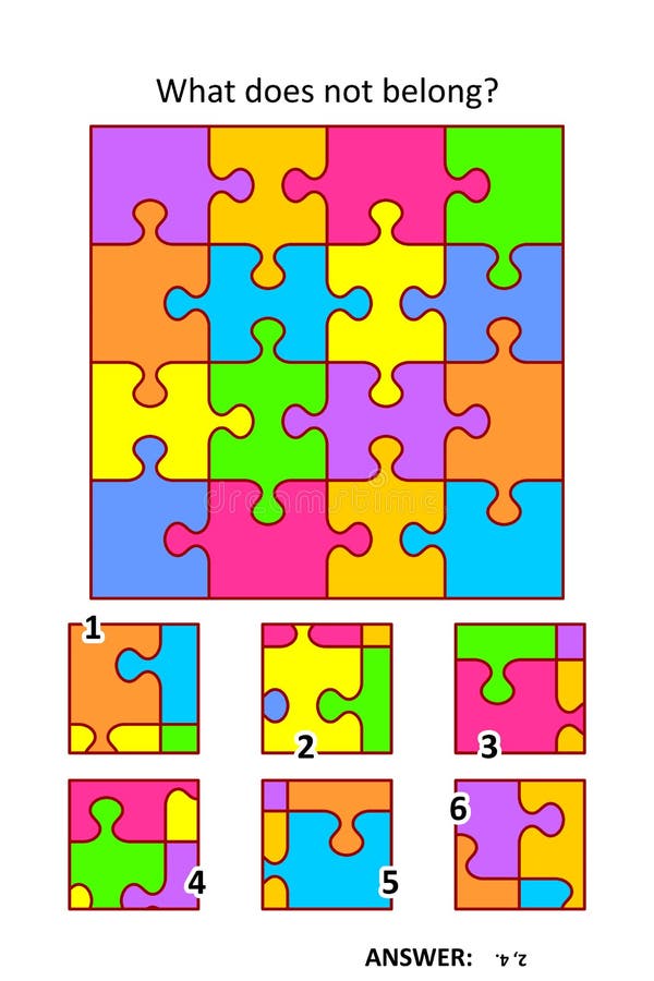 Visual puzzle with picture fragments. Abstract jigsaw puzzle design pattern. What does not belong