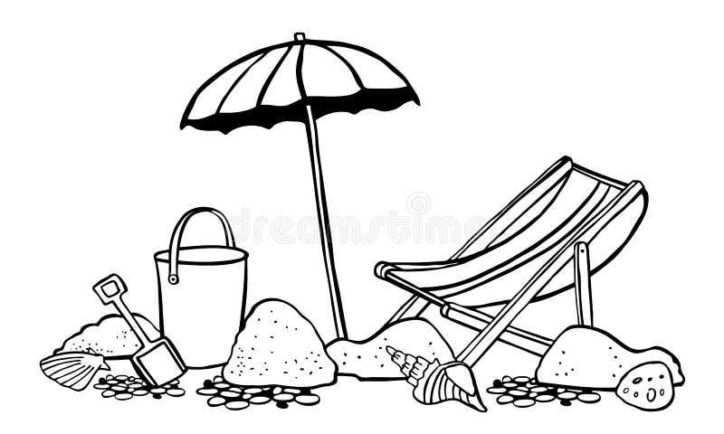 Beach scene. Parasol with lounger on the sand. Vector outline cartoon hand drawn illustration