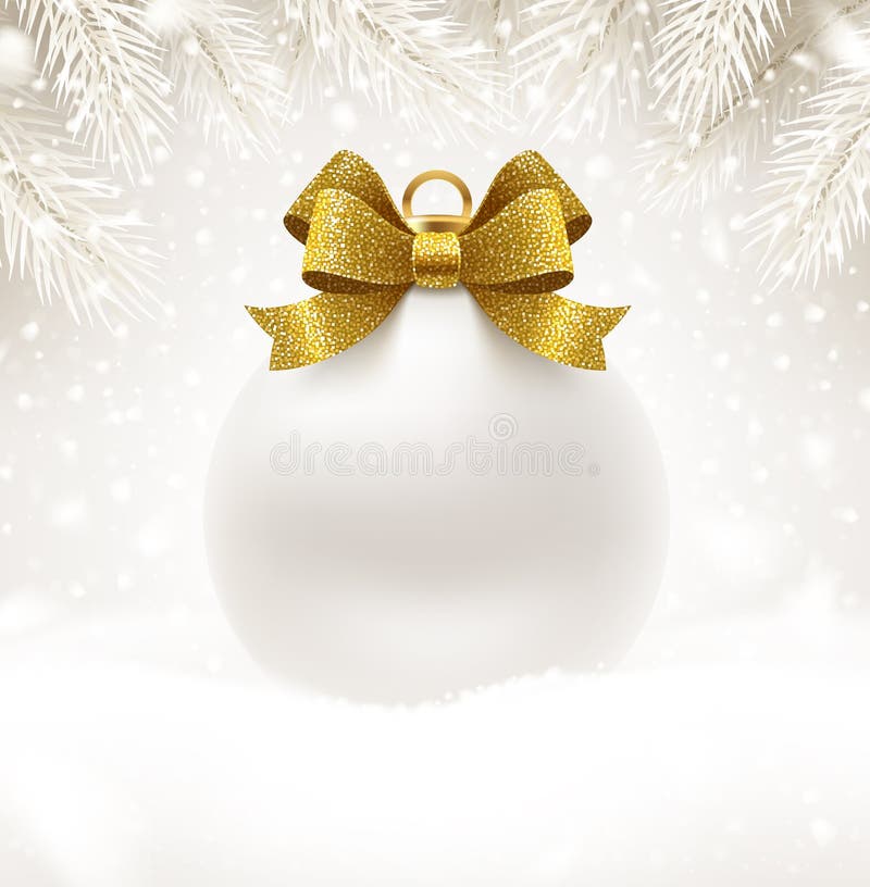 Christmas white bauble with glitter gold bow ribbon and copy space for your greeting or message. Christmas ball on a snow.