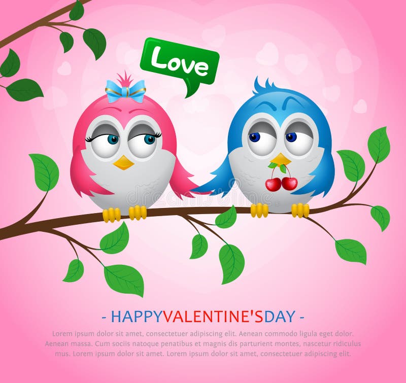 Enamored birds sit on a tree branch. a boy gives berries to a girl. Pink background with hearts.