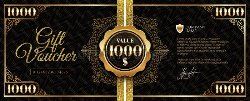 Gift voucher template with glitter gold luxury elements. Gift voucher value 1000 dollars with guilloche design element.