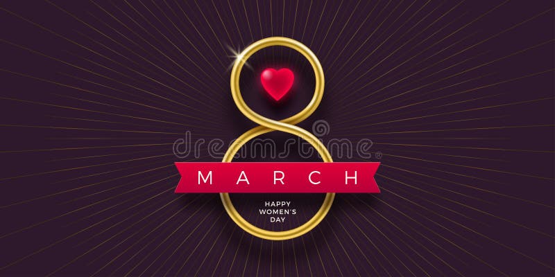 8 March International women`s day greeting card - Golden number eight, ruby heart and ribbon on dark background.