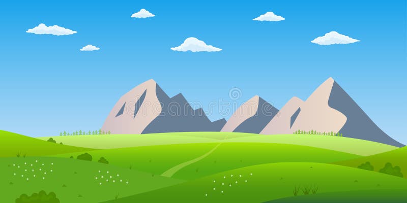 Mountain landscape. Nature background with mountains, hills, summer field or meadow with green grass and sky with clouds. Vector