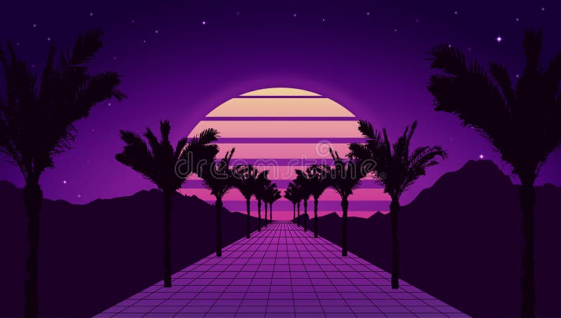 Retro futuristic tropical road with mountains, sunset and palm trees. Retrowave and synthwave style illustration of road, sun