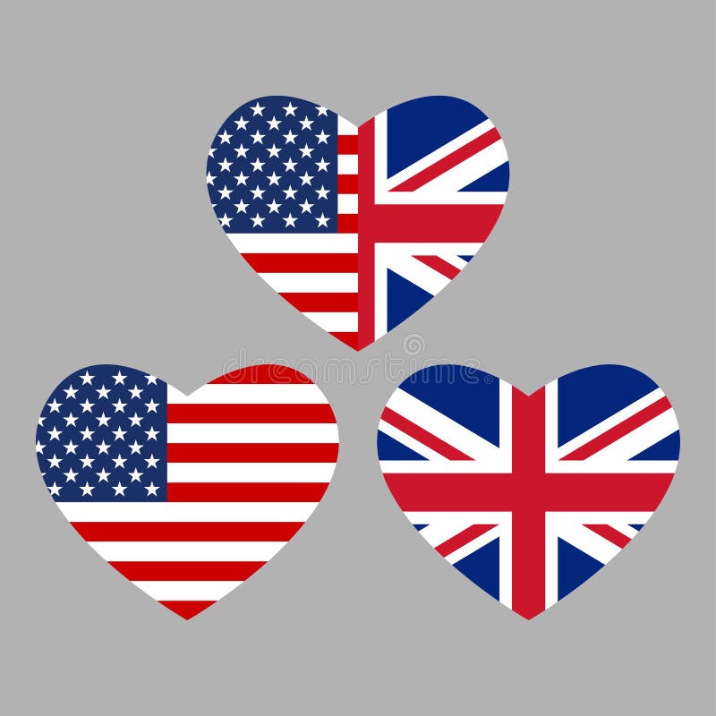 US and UK flags icon in the heart shape. American and British friendship symbol. Vector illustration.