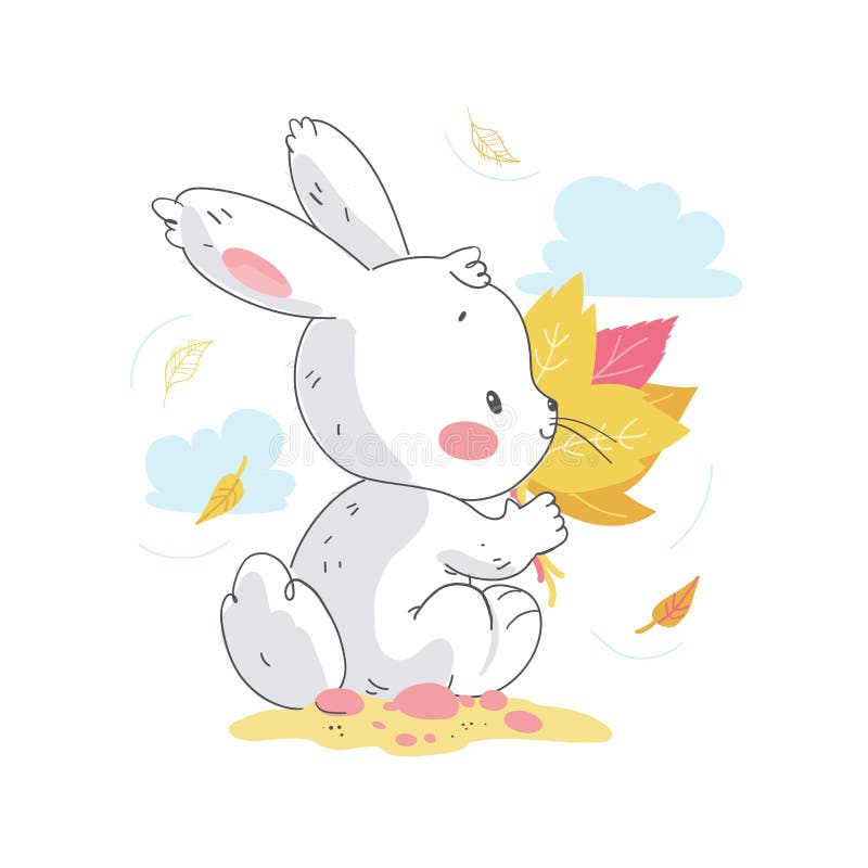 Vector flat illustration of cute little white baby bunny character with autumn leaves bouquet sitting.