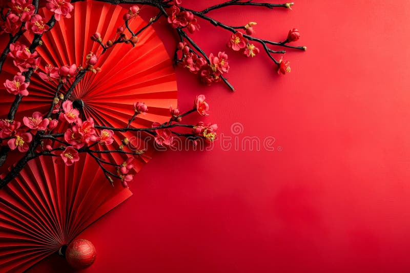 “2025中国新年快乐”的概念，由樱花枝和充满活力的折纸扇所代表 库存照片