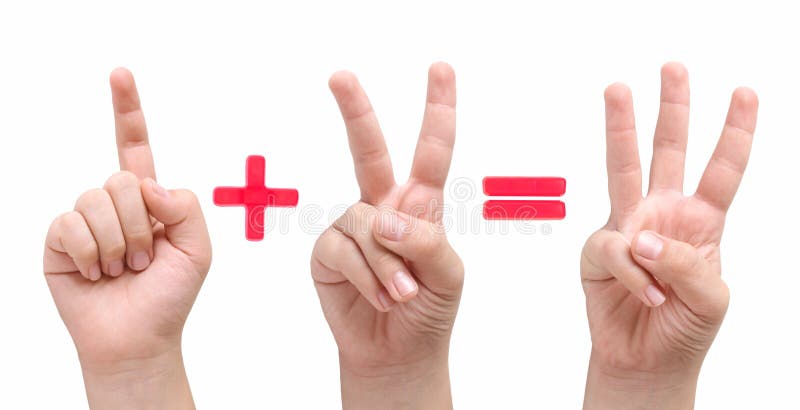 Children fingers showing one plus two equal three. Children fingers showing one plus two equal three