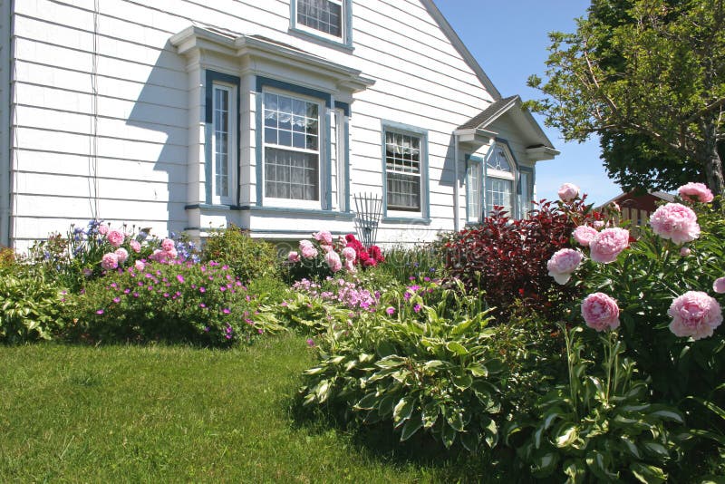 Flower gardens on the south side of a house. Flower gardens on the south side of a house.