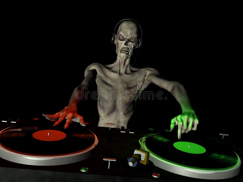 Zombie's in the House and mixing up some Halloween horror. Turntables with vinyl albums. Zombie's in the House and mixing up some Halloween horror. Turntables with vinyl albums.