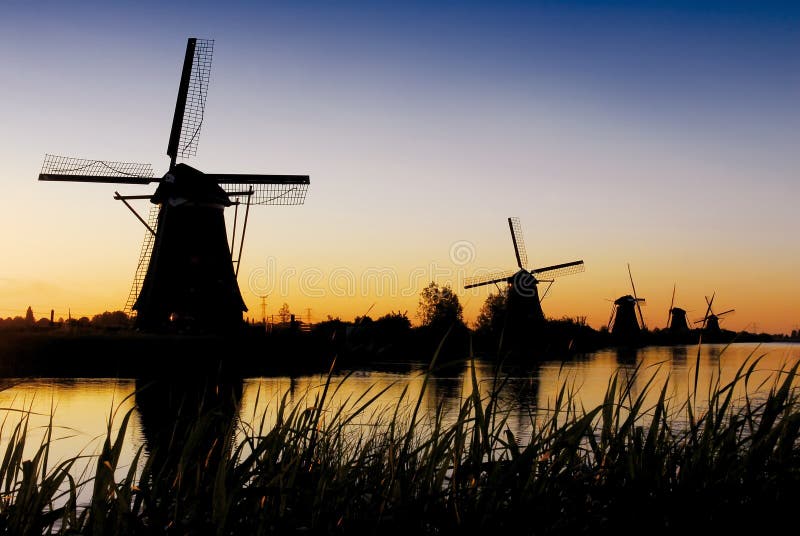 Sunrise at Kinderdijk windmill park, Holland. Sunrise at Kinderdijk windmill park, Holland