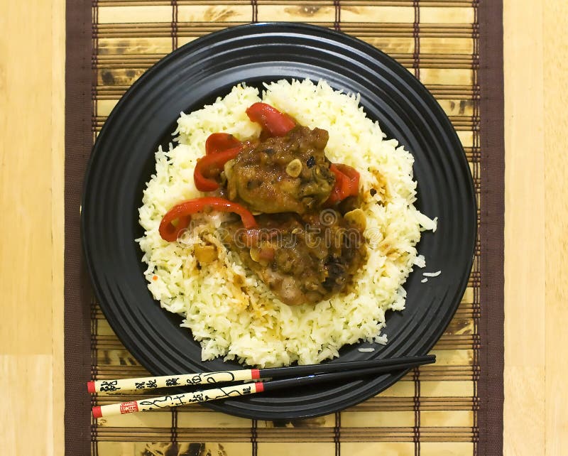 Asian style of food with chopsticks and small wood tablecloth. Asian style of food with chopsticks and small wood tablecloth