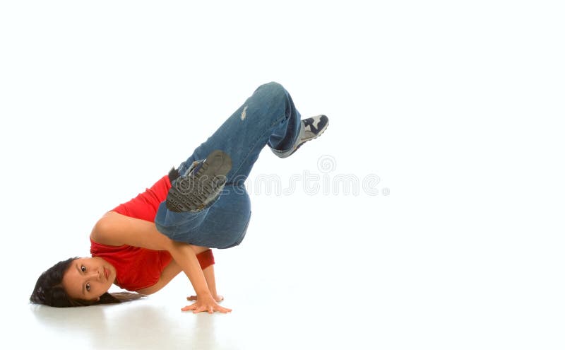 Break dancing girl in complex pose. Break dancing girl in complex pose