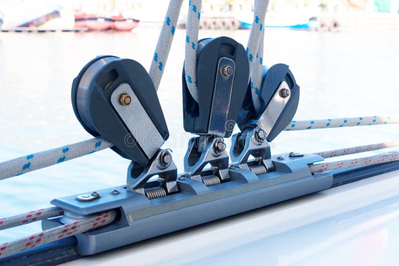 Close-up of pulley and ropes on a yacht. Close-up of pulley and ropes on a yacht