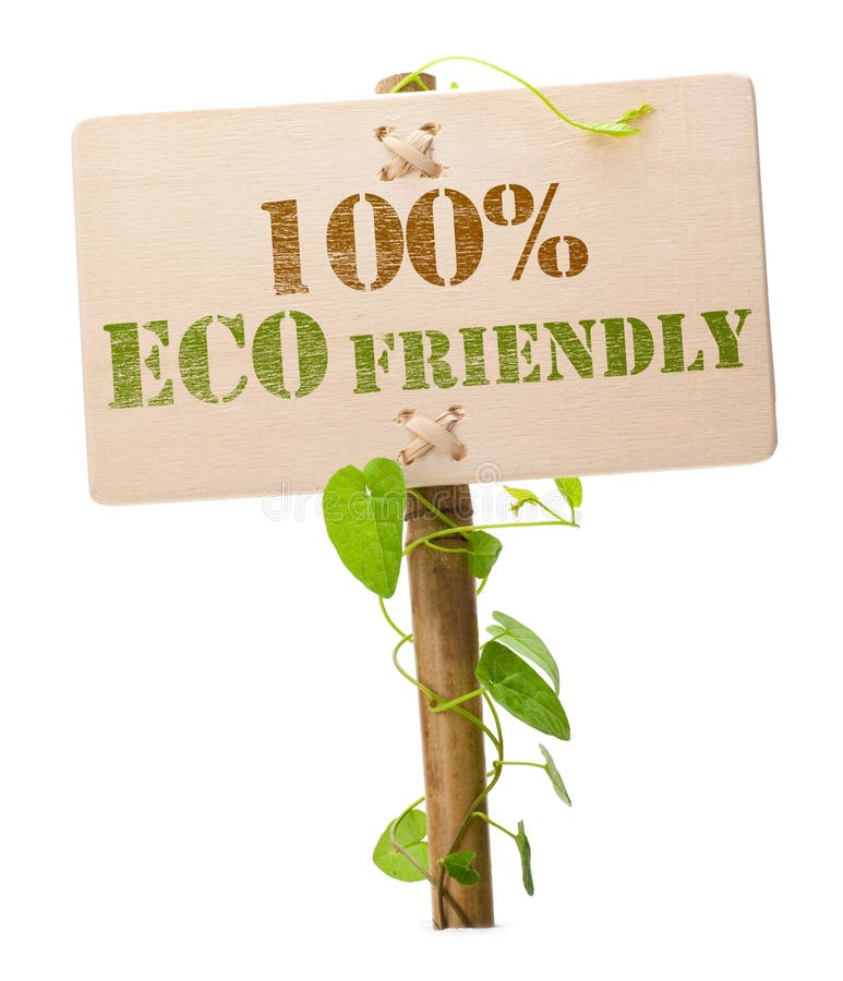 100% eco friendly green sign. Eco friendly sign message on a wooden panel and green plant - image is isolated on a white background 100% eco friendly green sign. Eco friendly sign message on a wooden panel and green plant - image is isolated on a white background