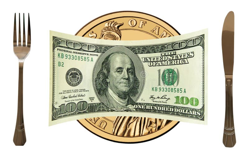 100 US Dollars on Gold Dollar Plate, Table Set. Stock Photo Image of