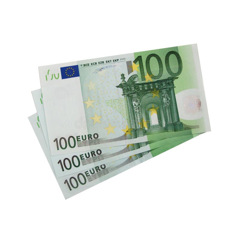 3x 100 Euro bills isolated on white background. 3x 100 Euro bills isolated on white background