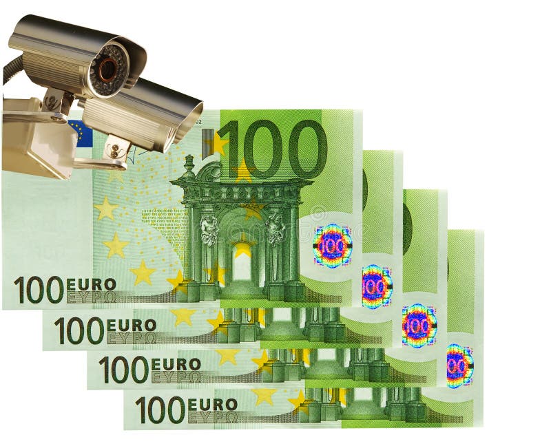 Surveillance cameras on 100 Euro banknotes background. Isolated on white. Concept of the keeping money, business under control. Surveillance cameras on 100 Euro banknotes background. Isolated on white. Concept of the keeping money, business under control.