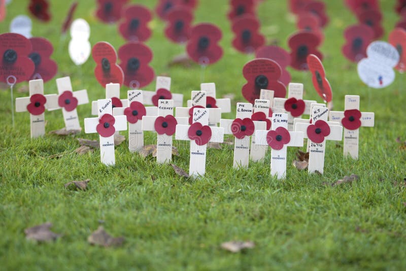 11 th November 2011 at the Menin Gate in Ypres, Belgium. Paper poppies are put in the grass. 11 th November 2011 at the Menin Gate in Ypres, Belgium. Paper poppies are put in the grass.