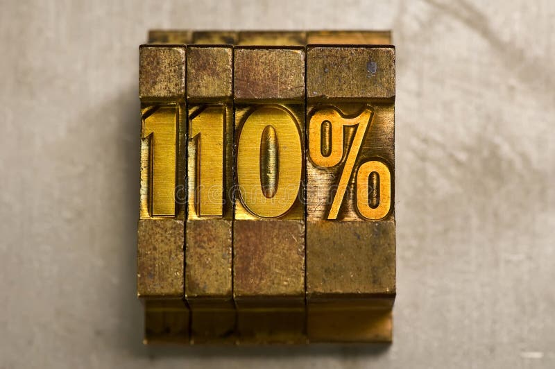 The word 110% done in gold letterpress type. The word 110% done in gold letterpress type.