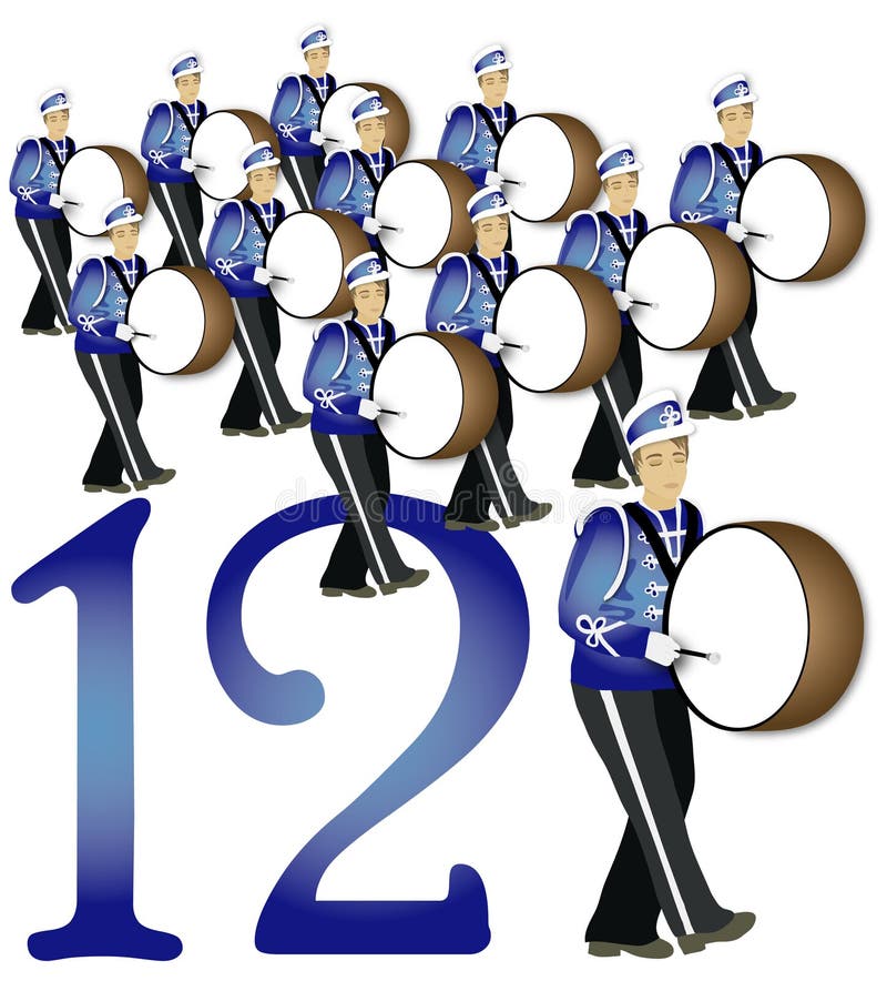 Dodici percussionisti marching band in uniforme.