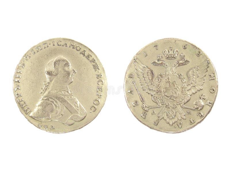 Antique Russian silver one rouble coin of 1762. Both front and back sides isolated on white background. Antique Russian silver one rouble coin of 1762. Both front and back sides isolated on white background.