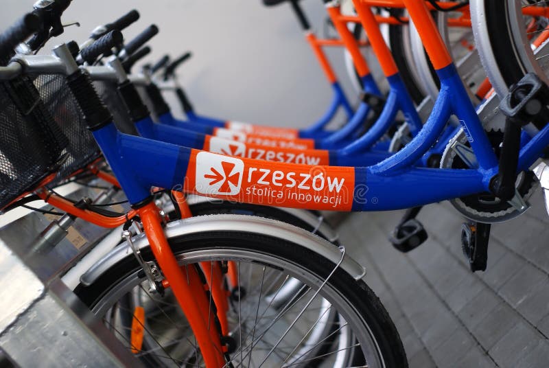 Photo shows City bike on Rzeszow's market square with logo of this city Rzeszow stolica innowacji . This is innovation in this city because there weren 't city bikes as in other polish cities. Photo shows City bike on Rzeszow's market square with logo of this city Rzeszow stolica innowacji . This is innovation in this city because there weren 't city bikes as in other polish cities