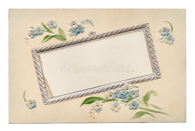 Vintage postcard from the turn of the 20th century. Blank message area with corded boarder, framed with delicate blue forget-me-not flowers. Postcard can be rotated 180 degrees for a different view. Vintage postcard from the turn of the 20th century. Blank message area with corded boarder, framed with delicate blue forget-me-not flowers. Postcard can be rotated 180 degrees for a different view.