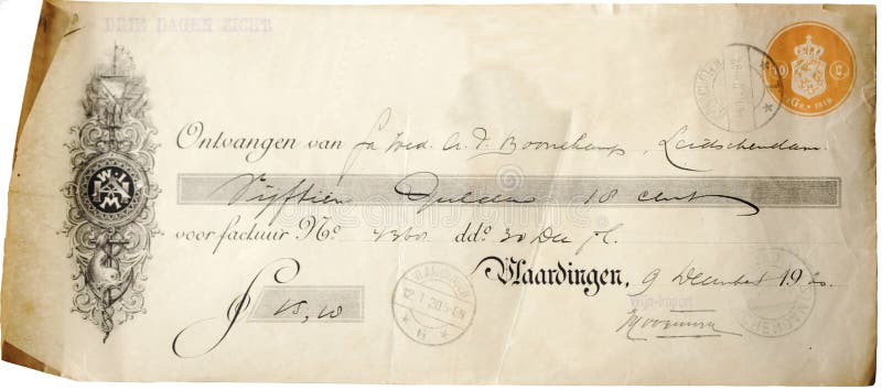 Antique Dutch cheque of 1920 for the amount of 15, 18 guilders. Antique Dutch cheque of 1920 for the amount of 15, 18 guilders