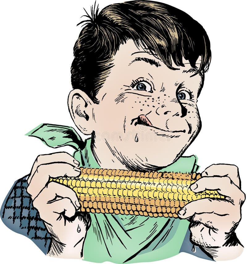 Vintage 1950s etched-style boy eating corn on the cob; detailed black and white from authentic hand-drawn scratchboard includes full colorization. Vintage 1950s etched-style boy eating corn on the cob; detailed black and white from authentic hand-drawn scratchboard includes full colorization.