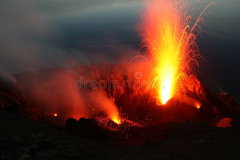 Picture of volcano stromboli with a huge eruption. View from Pizzo into the crater area. Part 1 (Explosion), see part 2. Picture of volcano stromboli with a huge eruption. View from Pizzo into the crater area. Part 1 (Explosion), see part 2