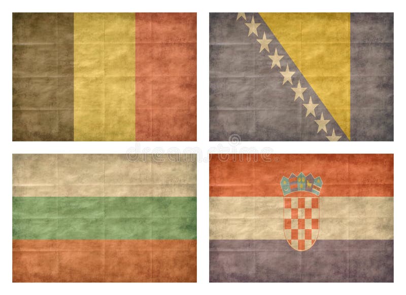 Vintage collection of european country flags isolated on white background. Belgium, Bosnia and Herzegovina, Bulgaria, Croatia. Vintage collection of european country flags isolated on white background. Belgium, Bosnia and Herzegovina, Bulgaria, Croatia.