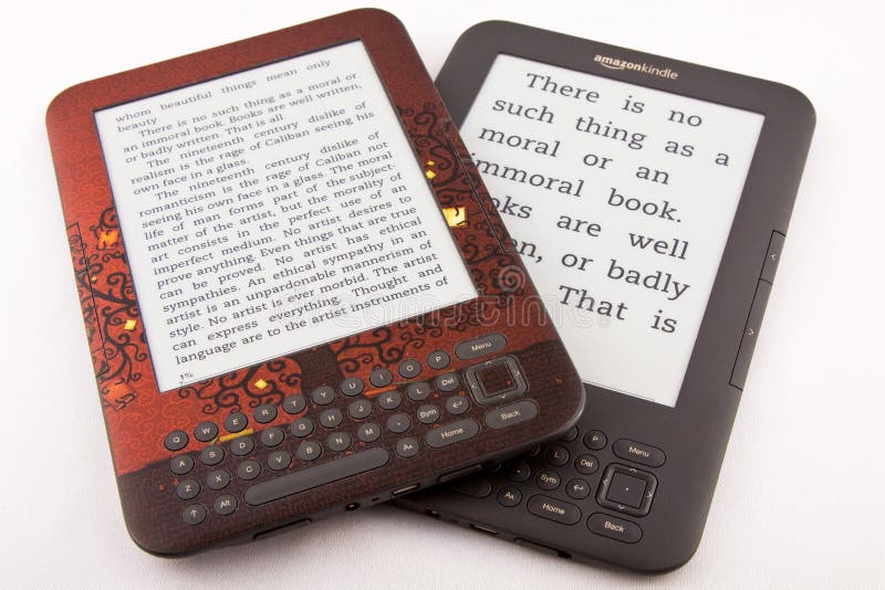 2 Amazon Kindle ereaders, both displaying the same book but with different font sizes. This image clearly demonstrates the devices ability to be used by those with less than perfect eyesight. One of the devices also has a skin which is used for protection against the elements as well as to decorate/personalise the device. More details of Amazon's ereader can be found at: www.amazon.com More details of e-ink technology can be found at:. 2 Amazon Kindle ereaders, both displaying the same book but with different font sizes. This image clearly demonstrates the devices ability to be used by those with less than perfect eyesight. One of the devices also has a skin which is used for protection against the elements as well as to decorate/personalise the device. More details of Amazon's ereader can be found at: www.amazon.com More details of e-ink technology can be found at: