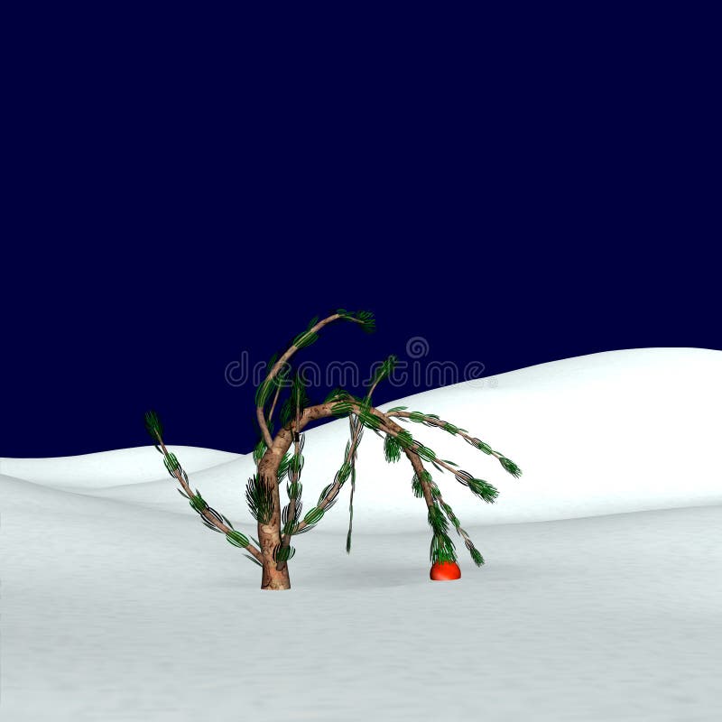 Charlie Brown style Christmas tree. Scrawny little tree in a field of snow bent over with the weight of one lone bulb. Bah Humbug Series. Charlie Brown style Christmas tree. Scrawny little tree in a field of snow bent over with the weight of one lone bulb. Bah Humbug Series
