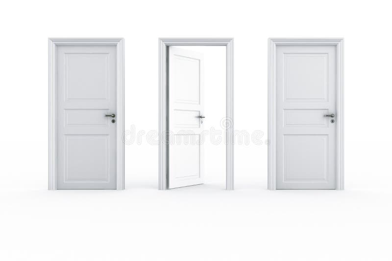 3d rendering of 3 doors on a row with the middle door open. 3d rendering of 3 doors on a row with the middle door open