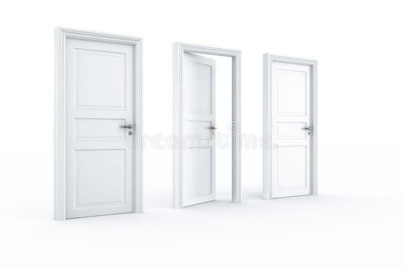 3d rendering of 3 doors on a row with the middle door open. 3d rendering of 3 doors on a row with the middle door open