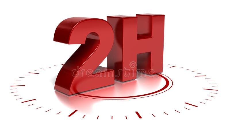 2H written in 3d over a clock symbol - text words are red and the background is white there is blurred reflection. 2H written in 3d over a clock symbol - text words are red and the background is white there is blurred reflection