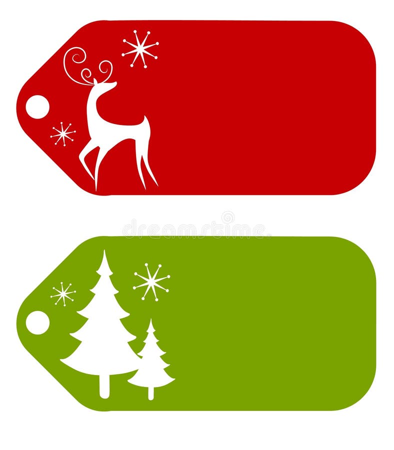 An illustration featuring gift tags decorated with reindeer and Christmas tree silhouettes. An illustration featuring gift tags decorated with reindeer and Christmas tree silhouettes