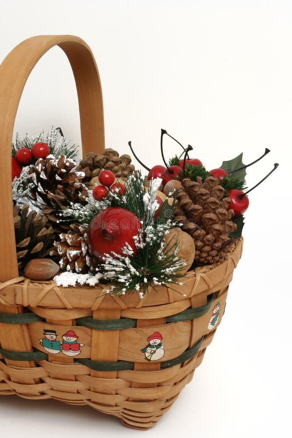Decorated Christmas basket shot in the studio on white background. The basket was made by my wife. Close-up view. Decorated Christmas basket shot in the studio on white background. The basket was made by my wife. Close-up view.